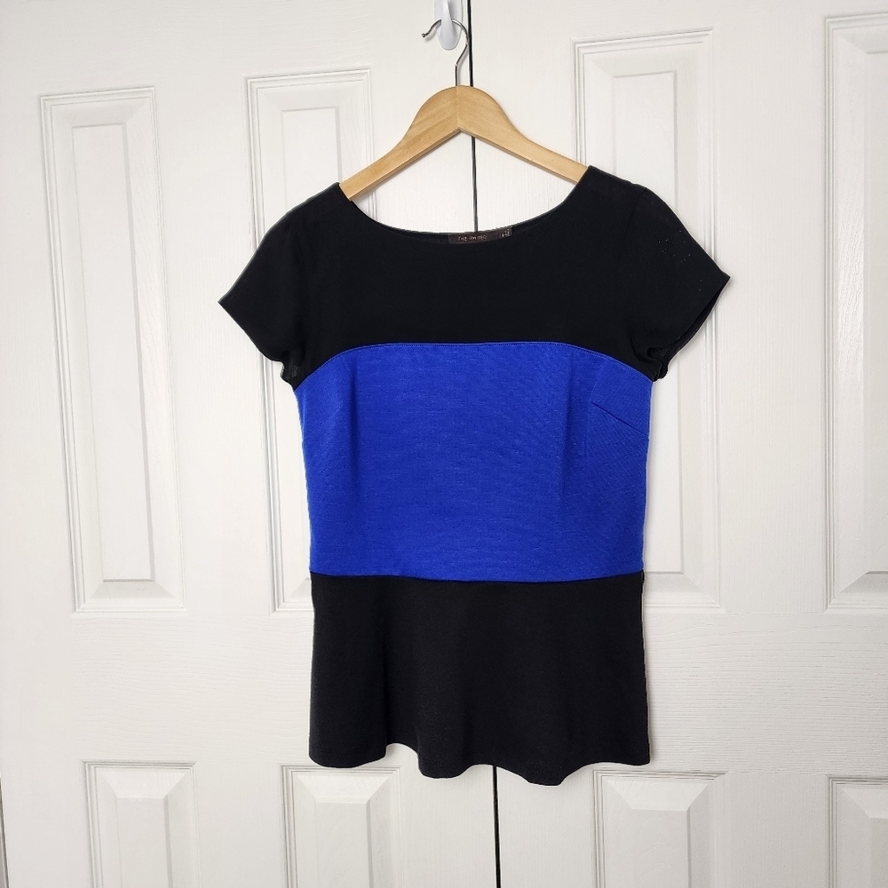The Limited Blue Black Colorblock Peplum Blouse Short Sleeve Career Top Size S